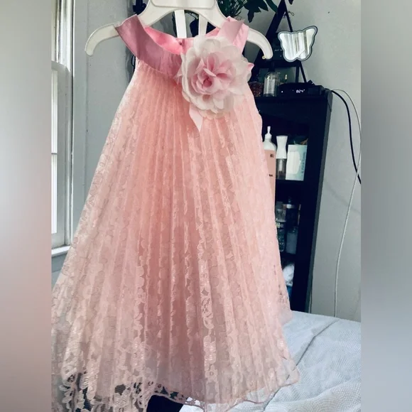 Rare Editions Pleated Lace Dress, Baby Girls - Pink 18 months